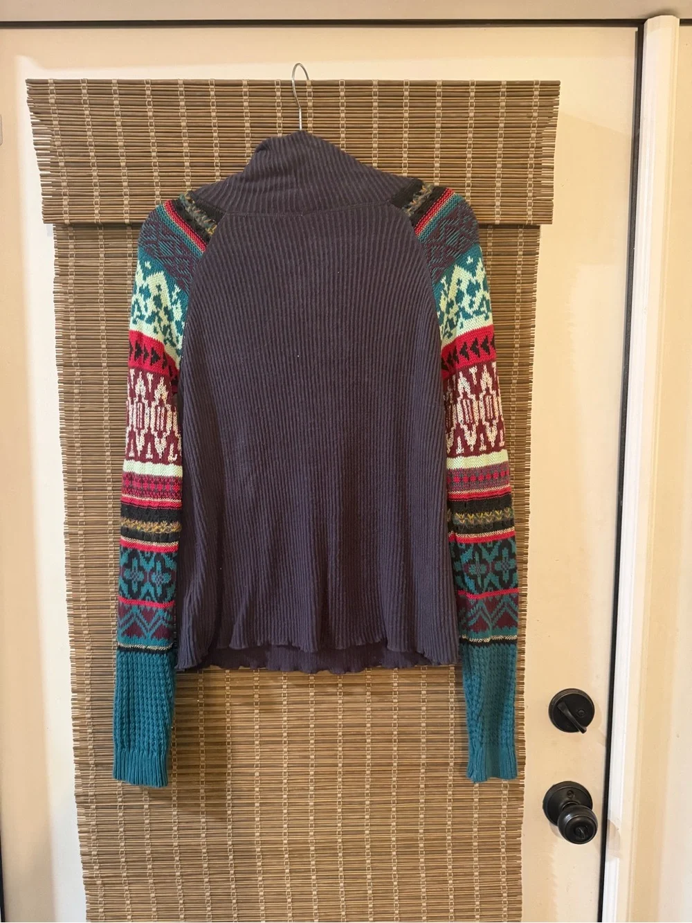 Free People Prism Gray Knit Sweater with Teal Patterned Sleeves - Women